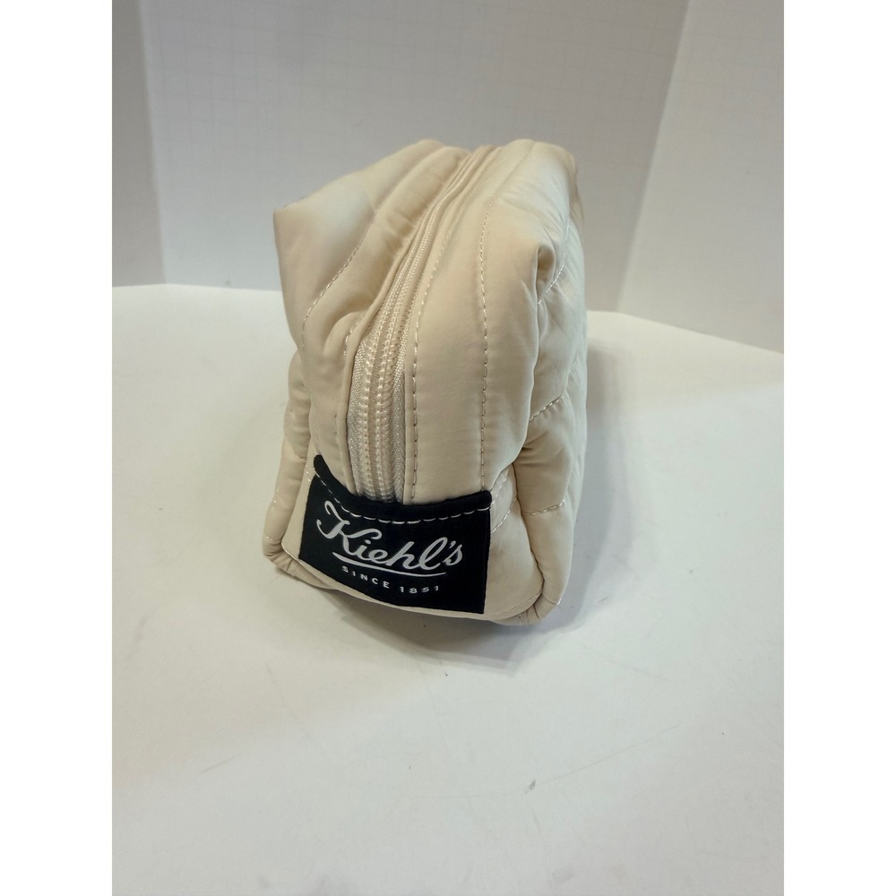 Kiehls Since 1851 Quilted Puffer Cosmetic Bag Cream Toiletry Case Monogram Liner